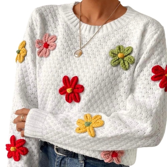 Ecosunny Sweaters - Ecosunny Flower Appliqué Textured Knit Sweater NWOT XL